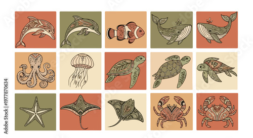 A colorful collage of various sea creatures including a dolphin, fish, turtle, jellyfish, and starfish in a tribal style with earthy tones on a white background