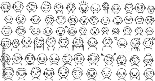 Black and White Line Art Doodles: Hand Drawn Collection of Diverse Human Faces Expressing Various Emotions for Psychology and People Concepts