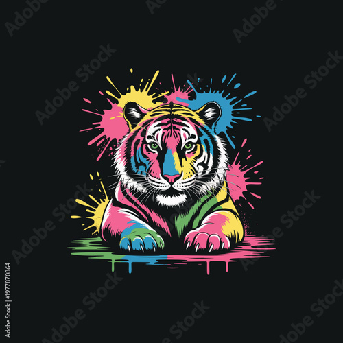 Majestic tiger with colorful paint splatters in vibrant neon colors for artistic animal wall art and apparel