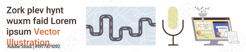 Artificial intelligence, mapping, voice recognition, cybersecurity, navigation, data authentication. Microphone, road map with routes and screen with authentication process. Voice recognition