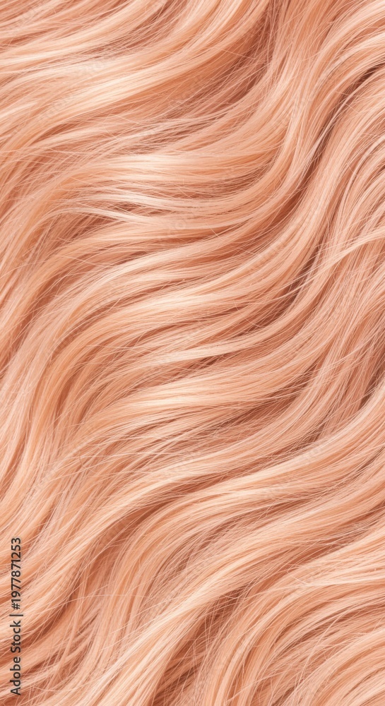 Obraz premium Wavy blonde hair strands texture close up filling the frame with peach highlights for hair care advertisement and beauty salon treatment background