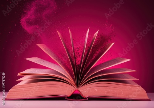 Open hardcover book with fanned pages and rising particles on a vivid magenta background, perfect for education, fantasy literature promotion, and magical storytelling
