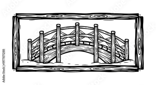 Wooden Arch Bridge in Wood Frame, Black and White Illustration