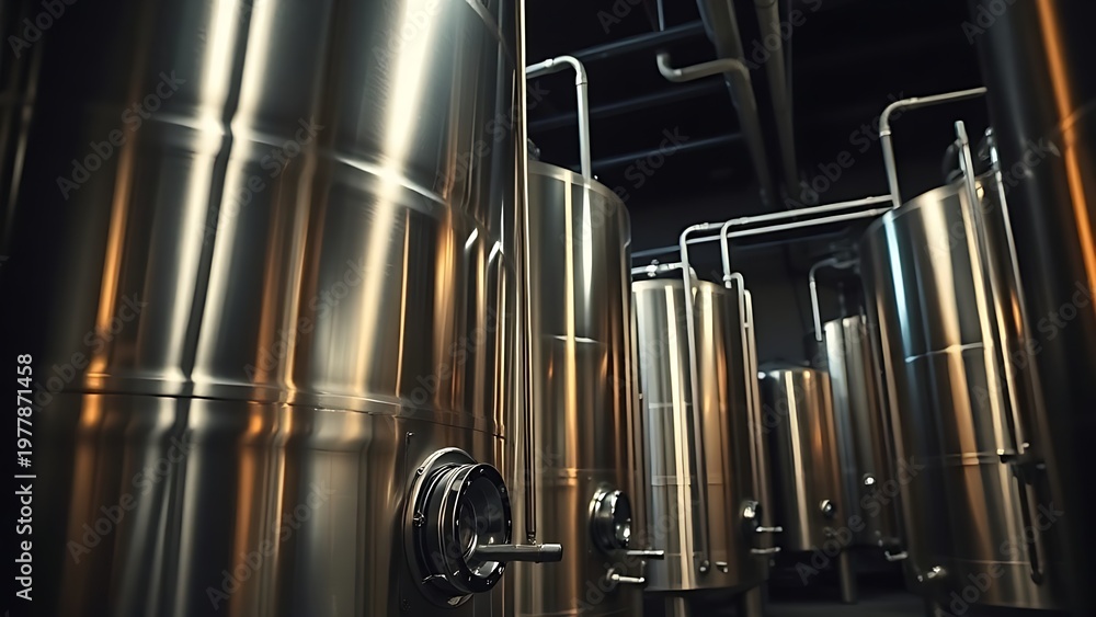 Obraz premium nepotism. A gleaming stainless steel fermenter with pipes in a dim cellar. bar promotions, beverage menus, packaging labels, designed for product packaging and bar promotions, used by photographers.
