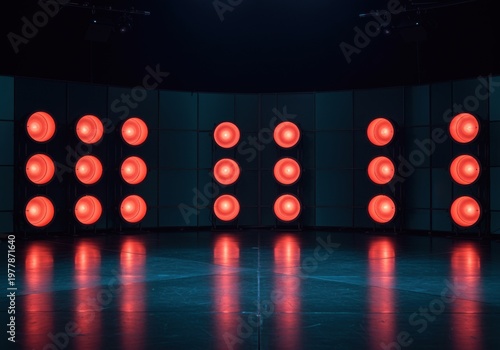 Empty television studio stage with warm coral lights and teal grid panels on a reflective steel blue floor for entertainment news or game show background