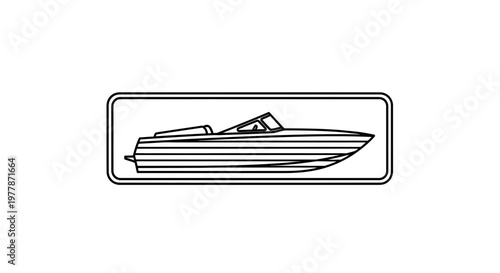Vector Line Art Icon of a Speedboat in a Rectangle Frame