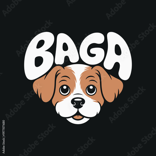 Baga cute dog head illustration with bold white lettering on a solid black background