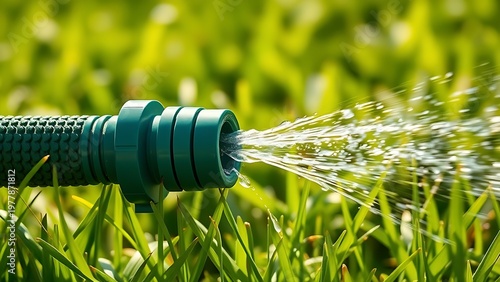 constriction. Green garden hose kinked, spraying water on sunlit grass. event key visuals, club posters, designed for sports event promotions and stadium branding and fitness apps and gym onboarding.