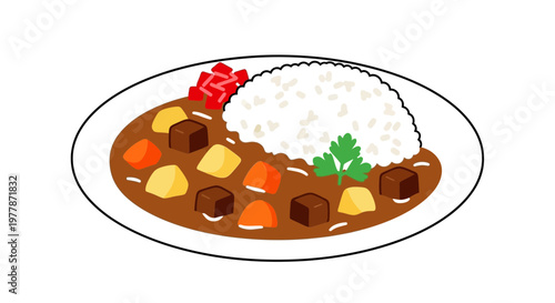 Japanese Curry Rice Dish Illustration with Vegetables and Pickled Ginger
