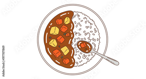 Japanese Curry Rice with Spoon on White Background, Top View Illustration