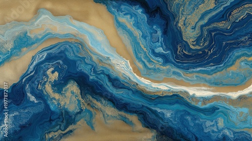 Abstract art with swirling blue, gold, and white patterns resembling marble or flowing water.