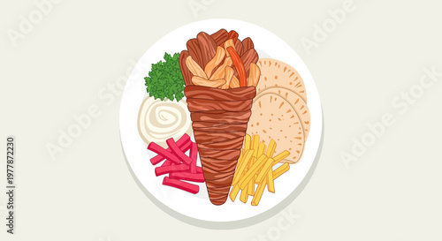 Shawarma and Gyro Plate with Fries, Pita, and Sauce Illustration