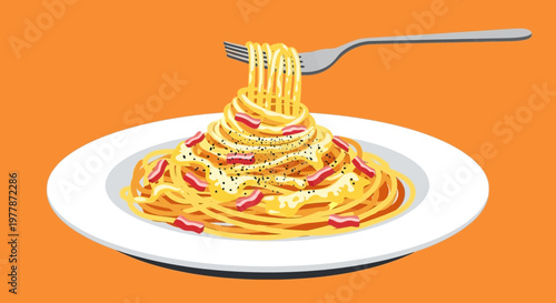 Spaghetti Carbonara with Bacon and Cheese on Fork, Italian Food Illustration