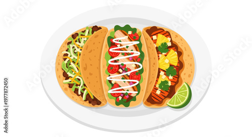 Three Delicious Tacos on a White Plate with Lime Slice - Mexican Food Illustration