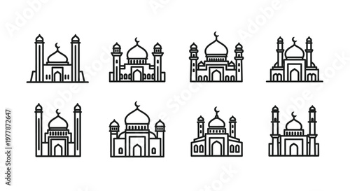 Architectural Mosque Building Line Icons Set.