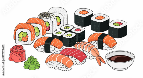 Assorted Sushi Platter with Salmon, Shrimp, Avocado and Soy Sauce