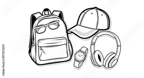 Backpack with accessories on white background.