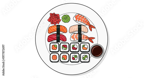 Assortment of Sushi and Rolls on Plate with Soy Sauce - Top View