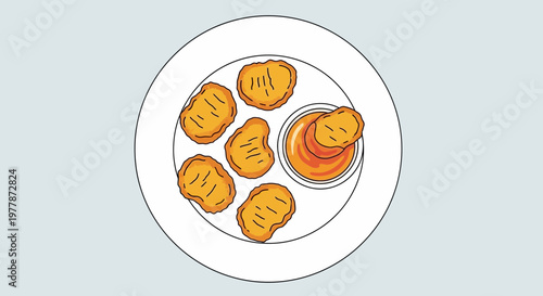 Chicken Nuggets with Dipping Sauce on Plate - Hand Drawn Illustration