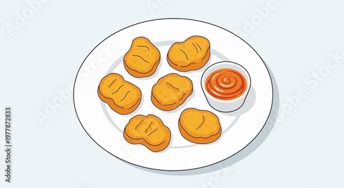 Chicken Nuggets with Ketchup on White Plate, Isolated Illustration