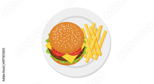 Classic Burger and Fries Meal on Plate, Flat Design
