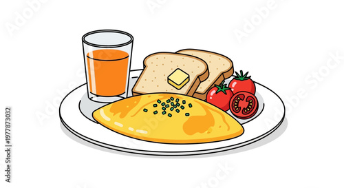 Delicious Breakfast Meal: Omelette, Toast, Tomatoes, and Orange Juice