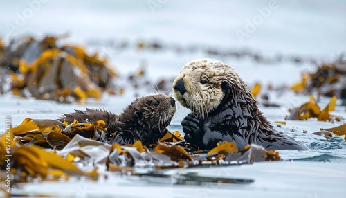 Adorable Sea Otter Mother and Pup Share a Tender Moment Amidst Kelp Beds in Icy Waters.