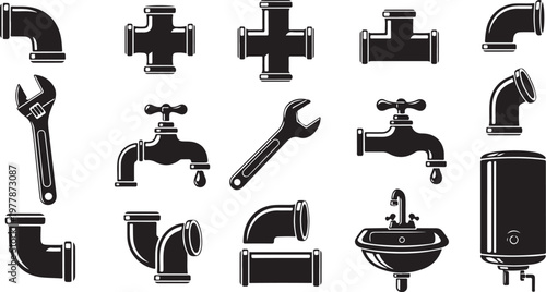 Plumbing tools and fixtures icons set in black color