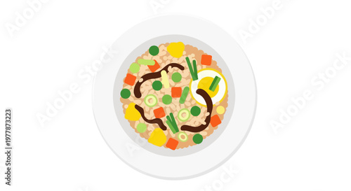 Delicious Fried Rice with Egg and Vegetables, Flat Illustration