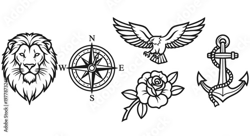Tattoo designs of various nautical symbols.