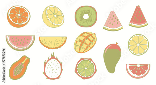 Variety of Fresh Fruit Slices Displayed.