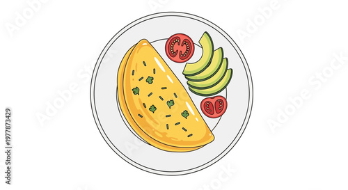 Delicious Omelette with Avocado and Tomato Slices on a White Plate, Top View