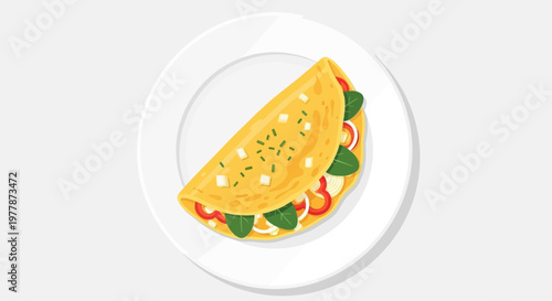 Delicious Omelette with Vegetables on White Plate, Breakfast Food Illustration
