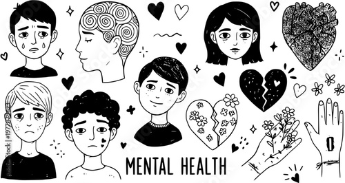 Black and White Line Art - Mental Health Icons: Sad faces, broken hearts, healing hand, supporting concept