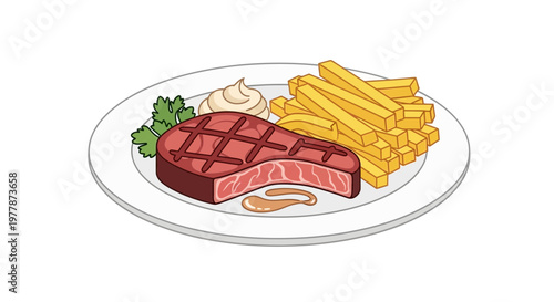 Delicious Steak and Fries Platter with Sauce and Garnish
