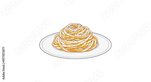 Fettuccine Pasta Nest on White Plate, Italian Cuisine Food Illustration