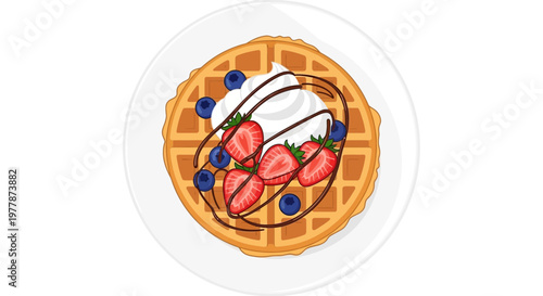 Delicious Waffle with Strawberries, Blueberries, Whipped Cream, and Chocolate Drizzle