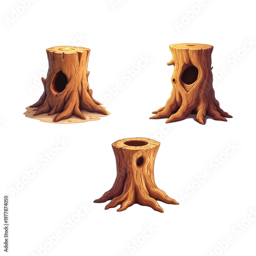 Isolated tree stump vector with roots and hollow cavity forest wood clipart illustration