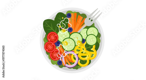 Fresh Vegetable Salad Bowl with Fork, Healthy Eating, Top View