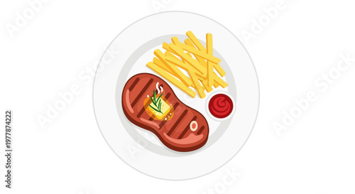 Grilled Steak with French Fries and Ketchup - Flat Design