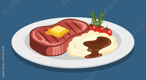 Grilled Steak Dinner with Mashed Potatoes, Tomatoes, and Rosemary