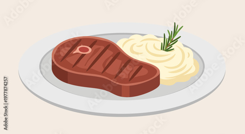 Grilled Steak with Mashed Potatoes and Rosemary Garnish on Plate