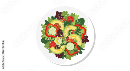 Healthy Fresh Salad on White Plate, Avocado, Cucumber, Tomato, Pepper, Greens