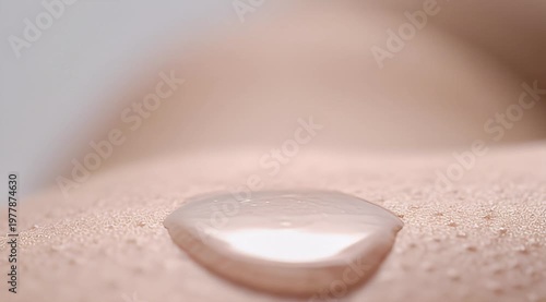Close-up of a glistening liquid droplet resting on smooth, hydrated human skin, emphasizing skincare and delicate moisture