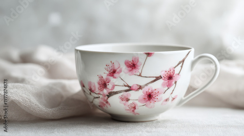 Porcelain teacup cherry blossom floral pattern soft light linen cloth minimal style delicate petal white background still life quiet moment.