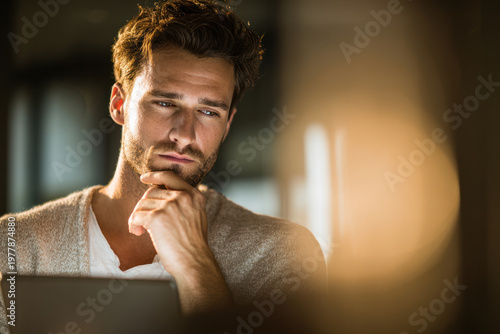 Pensive man thinking focused expression casual sweater warm light modern home thoughtful mood.