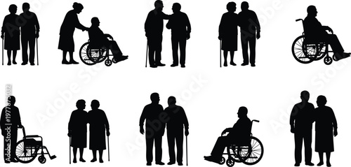 silhouette, elderly, people, senior, couple, wheelchair, walking, cane, support, care, isolated, white, background, black, healthcare, assistance, aging, lifestyle, vector, set