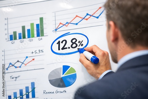 Businessman Highlighting 12 8 Percent on a Whiteboard with Various Charts and Graphs