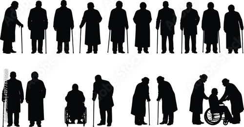 silhouette, elderly, senior, people, walking, cane, wheelchair, collection, poses, isolated, white, background, black, healthcare, support, care, aging, lifestyle, vector, set