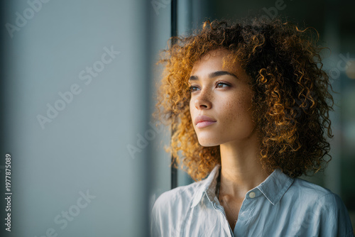 Thoughtful woman window office curly hair natural light calm professional modern corporate business workplace portrait.